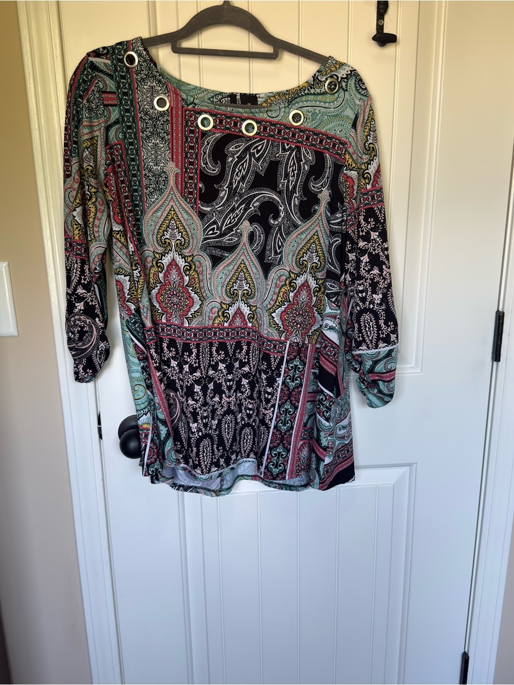 new directions Black Multi Paisley Boatneck Tunic with Grommet Detail